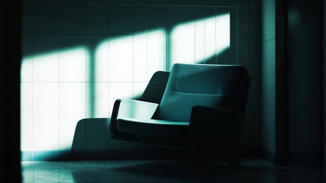 Armchair sitting alone in a darkened room, illuminated by a strong, rectangular window light creating reflections and casting shadows on the floor and wall
