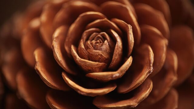 Close-up of a brown pine cone, showing its tightly packed, spiraling scales. Concept Macro nature, Pine cone detail, Spiraling scales, Earthy brown tones, Forest textures