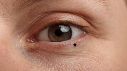 Close-up of a brown eye with a tiny black mole on the lower eyelid area. Concept Close-up Eye Detail, Brown Eye Macro, Lower Eyelid Mole, Eye Texture, Portrait Micro-detail