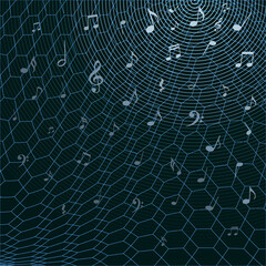 Abstract illustration of music and audio signals spreading through a digital network. Circular sound waves and musical notes represent broadcasting, streaming, radio and information flow.