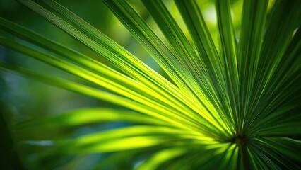Obraz premium Close-up of a palm leaf with slender blades radiating from a central hub, sunlit bright green. Concept Palm leaf close-up, sunlit green, radiating blades, tropical foliage, plant texture