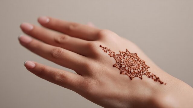 A detailed henna mehndi design on the back of a hand, featuring a circular mandala motif. Concept Henna mehndi design, Back-of-hand motifs, Circular mandala motif, Intricate patterns