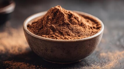 A ceramic bowl piled high with cocoa powder, with brown powder scattered on a dark surface. Concept Cocoa Powder, Food Photography, Texture Shots, Ceramic Bowl, Dark Background