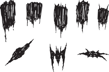 Brush set. Vector black paint brush spots, highlighter lines or felt-tip pen marker. Ink smudge abstract shape stains and smear set with texture