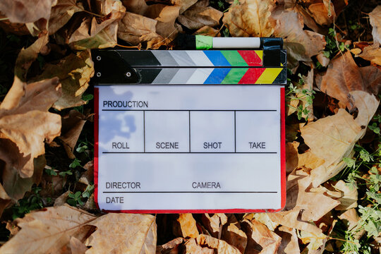 Clapperboard on autumn leaves representing filmmaking