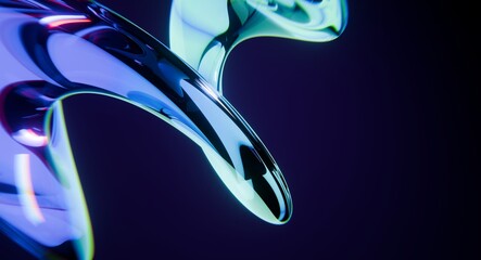 Abstract blue and turquoise glass, fluid flow helix shape with flare and light refraction on black background