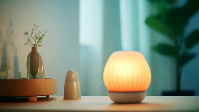 Modern ribbed lamp casts warm, soft glow over minimalist wooden table, creating a serene, cozy ambiance ideal for evening relaxation, wellness, and calm interior decor