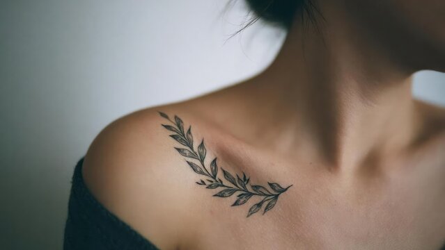 A delicate black laurel branch tattoo curling along the shoulder near the collarbone. Concept Delicate Laurel Tattoo, Shoulder Tattoo, Collarbone Design, Black Ink, Minimalist Tattoo