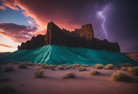 Paisaje monumental de una monta&ntilde;a rocosa con iluminaci&oacute;n de rayos ne&oacute;n cian y magenta, estilo inmersivo 2026.