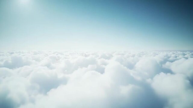 Vast dreamlike cloudscape stretching to the horizon under a serene blue sky, bright sunlight illuminating fluffy white cumulus for a peaceful, airy aerial background