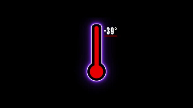 Glowing red thermometer displaying -39 degrees on black background with purple neon outline temperature
