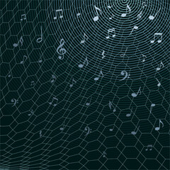 Abstract illustration of music and audio signals spreading through a digital network. Circular sound waves and musical notes represent broadcasting, streaming, radio and information flow.