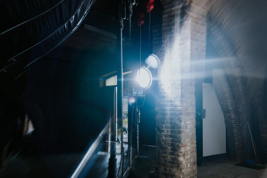 Industrial warehouse with bright lighting setup