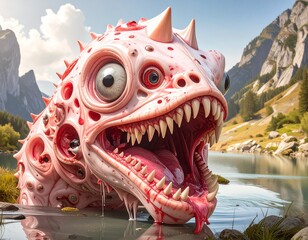 Reptilian Dragon-Like Monster in Mountain Pond