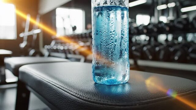 Refreshing blue water bottle on gym bench with weights in background for fitness motivation