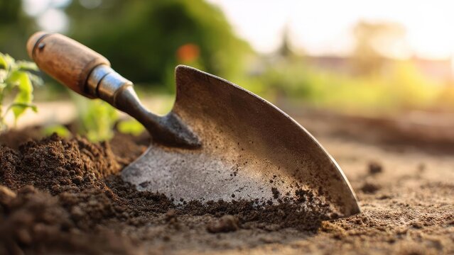 A garden trowel partially buried in loose soil, with a wooden handle, ready for planting in a sunlit garden. Concept Garden trowel in soil, Wooden handle detail, Sunlit gardening scene