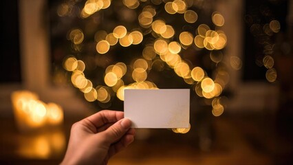 Fototapeta premium A hand holds a blank white card in front of a warm golden bokeh of Christmas lights. Concept Blank card portrait, warm golden bokeh, Christmas lights, hand-held prop, holiday photography
