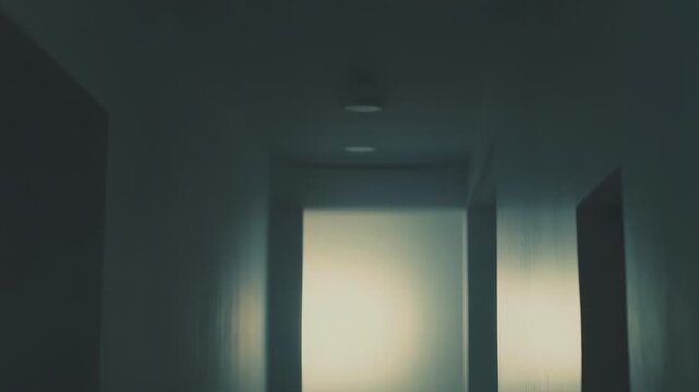 Empty minimalistic interior space featuring a long blending corridor, conveying concepts of journey, discovery, and the unknown with soft diffuse light at its conclusion