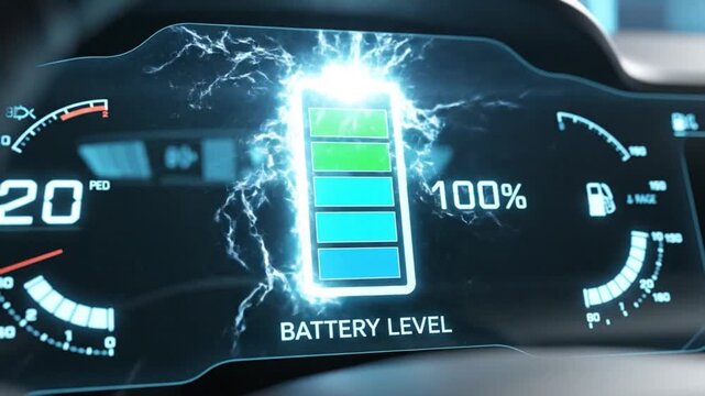 Electric vehicle dashboard showing low battery level with 4 percent charge remaining