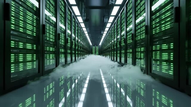 Futuristic data center server room with glowing green lights and atmospheric fog moving through rows of racks technology innovation network infrastructure digital transformation concept