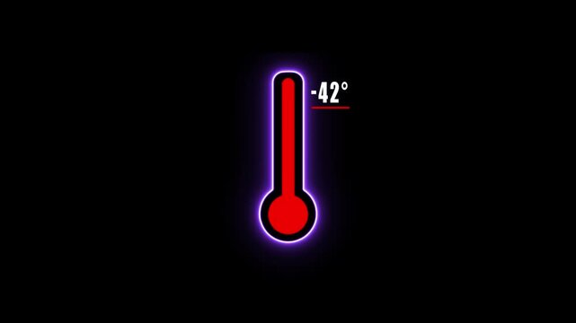 Glowing red thermometer displaying extremely low temperature of minus 42 degrees on black background with neon effect