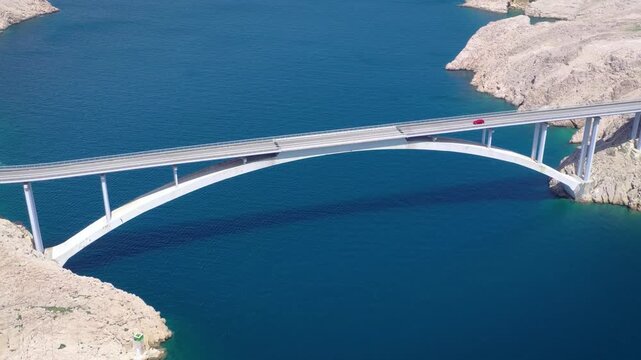 Pag Bridge aerial view over Adriatic Sea