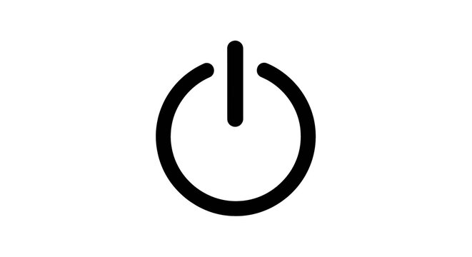 A simple black power button icon symbol on a white background, representing on and off functionality