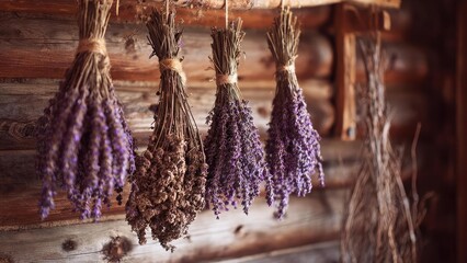 Naklejka premium Bunches of dried lavender hanging upside down to dry against a rustic wooden wall. Concept Dried lavender bunches, Rustic wooden wall, Farmhouse decor, Purple tones, Natural textures