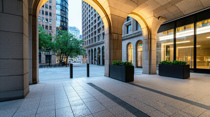 Modern urban architecture with arches and lighting, showcasing city plaza at dusk, creating serene atmosphere