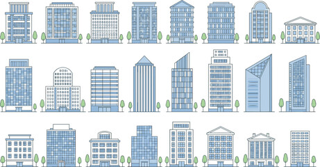 Obraz premium Illustration of modern city buildings, including skyscrapers, office buildings, and government structures, with a minimalist design and blue color palette