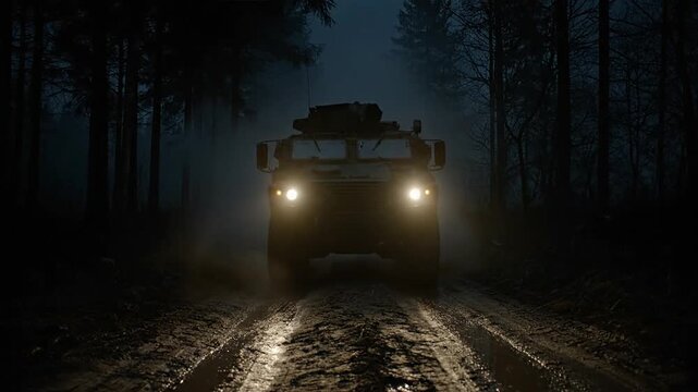 Military vehicle driving through a forest at night