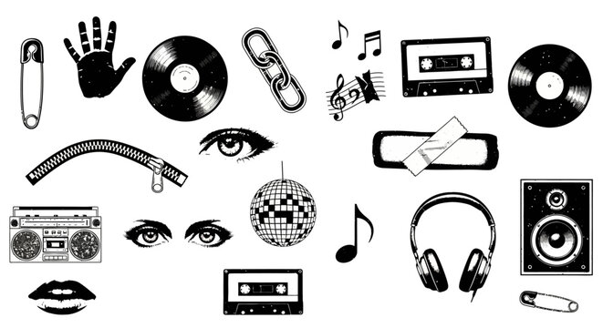 Eclectic Hand-Drawn Collection of 80s and 90s Pop Culture Icons, Music Gear, and Fashion Elements, Capturing Retro Nostalgia and Vintage Style
