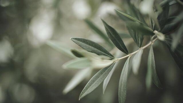 Close-up of olive tree leaves on a branch. Concept Olive Leaves Close-Up, Botanical Macro, Green Foliage, Nature Photography, Olive Tree Branch