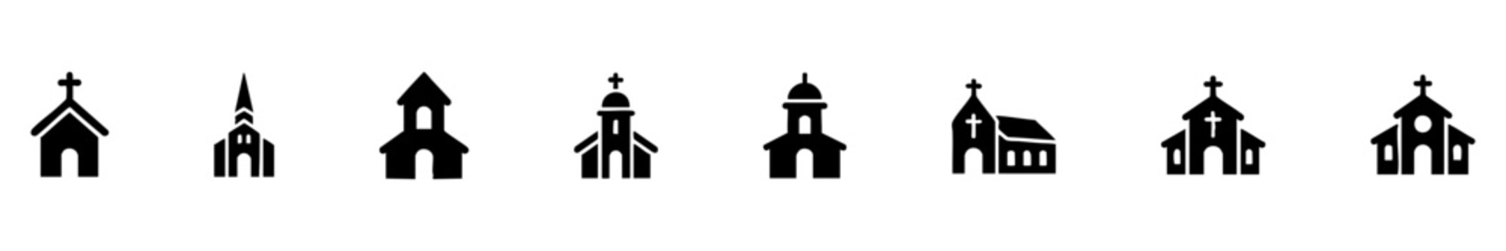 Minimal church icons in silhouette style: diverse Christian architecture with crosses, domes, and steeples.