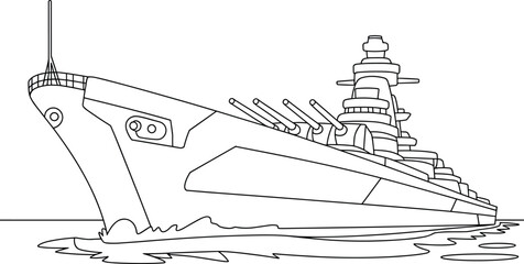 Fototapeta premium Massive modern warship sailing in ocean, navy battleship with cannons, powerful military vessel, maritime defense, detailed ship illustration