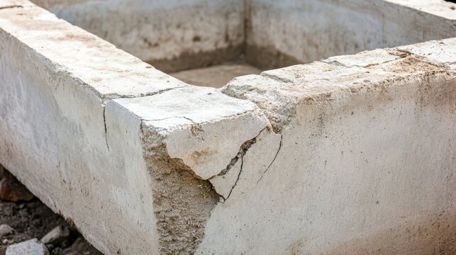 An empty concrete water trough shows a cracked and weathered surface detail