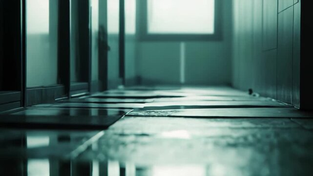 Dimly lit hall with water puddles reflecting faint light from a distant window, creating a mysterious and deserted atmosphere in an abandoned, neglected premise