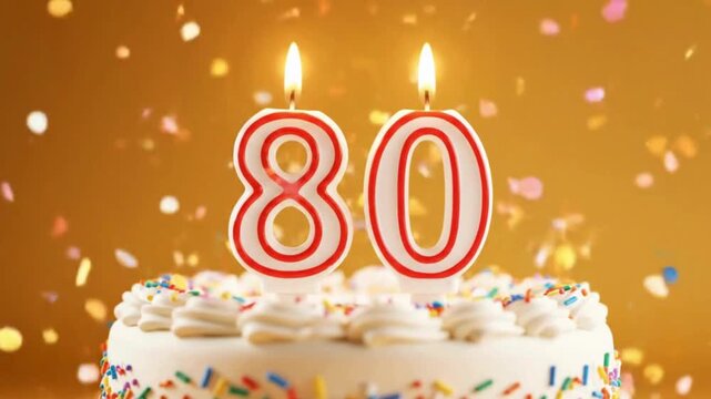 beautifully frosted birthday cake adorned with two burning candles, celebrating a special milestone. 80th birthday gift