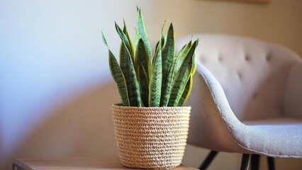 Naklejka premium Snake plant in a woven straw pot on a wooden table beside a beige upholstered chair. Concept Indoor greenery, Plant styling, Woven straw pot, Beige upholstery, Wooden table