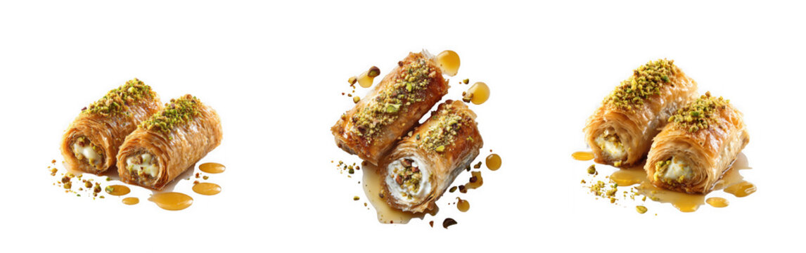 Golden baklava rolls with pistachios and honey drizzle isolated on transparent background