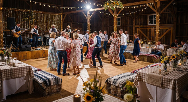 Couple dancing at a rustic barn wedding reception with string quartet performance