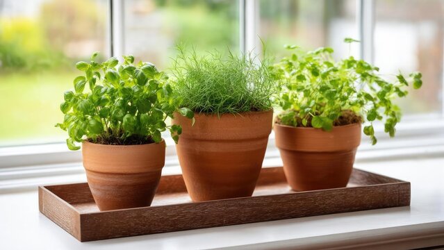 Three terracotta pots with basil, rosemary, and mint sit on a wooden tray by a windowsill. Concept Herbal windowsill arrangement, Terracotta pots, Basil rosemary mint, Indoor herb garden, Wooden tray