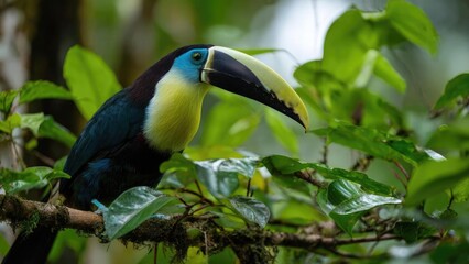 Obraz premium A colorful toucan with a huge pale yellow beak and blue-green body perched on a branch amid tropical leaves. Concept Tropical wildlife, Toucan portrait, Pale-yellow beak, Lush foliage backdrop