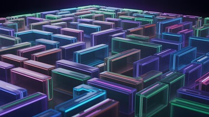 Abstract futuristic grid of vibrant glowing colorful rectangular boxes on a dark background creating a modern technology concept