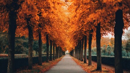 Fototapeta premium A long tree-lined path in autumn, with bright orange leaves forming a tunnel overhead. Concept Autumn forest path, Orange leaf tunnel, Fall foliage archway, Sunlit woodland walkway