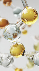 Cosmetic essence science model structure. Nanotechnology macro shot of a clear gel serum. The skeletal chemical formula depicts water, oil, or hyaluronic acid's molecular structure. Vertical image