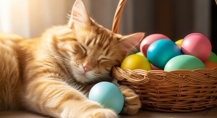 A ginger cat sleeps peacefully next to a basket of colorful Easter eggs, soft sunlight, cinematic composition. AI generated.
