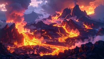 A dramatic landscape shows molten lava rivers flowing between dark, jagged mountains under a fiery sunset sky