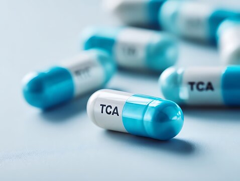 Macro shot of TCA capsules, symbolizing pharmacological precision, mental health recovery, and advanced antidepressant therapy in modern clinical medicine.
