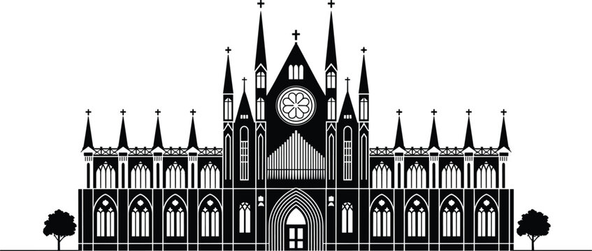 Gothic Cathedral Silhouette with Cross-Topped Spires and Rose Window &ndash; Historic Architecture Icon for Cultural Heritage, Religious Design, and Artistic Illustration Use
